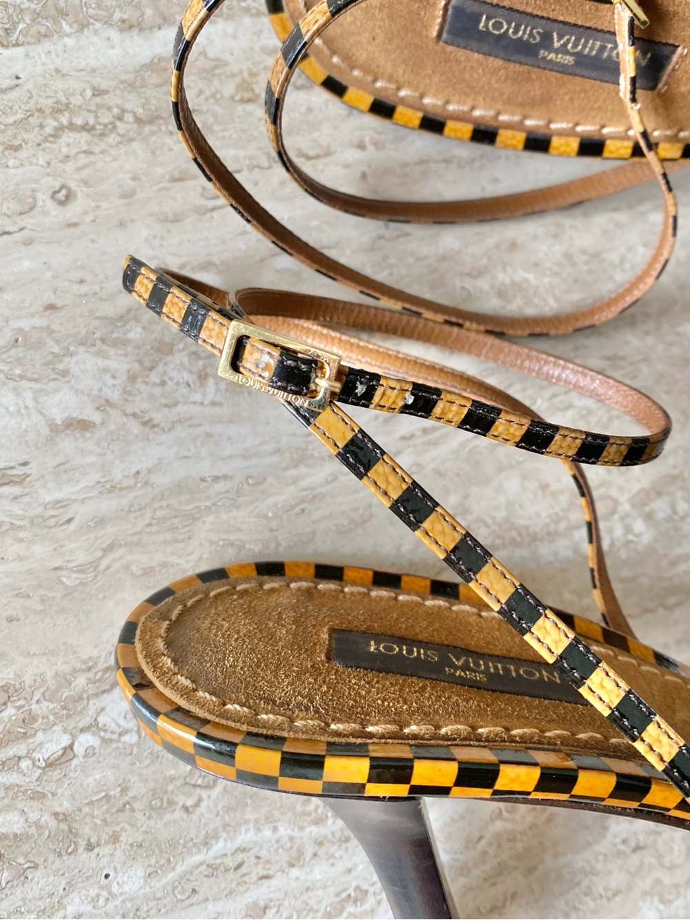 Vintage Louis Vuitton Damier LV Bow Ankle Strap Sandal Heels - Picture 5 of 8